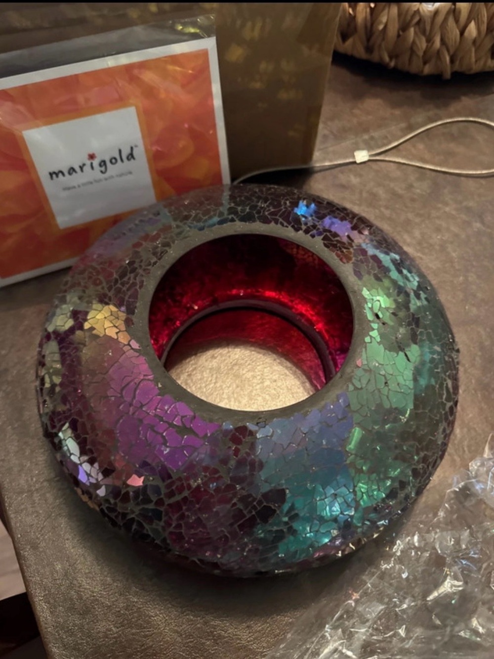 Marigold Iridescent Mosaic Glass Bird Seed Feeder in Teal, Purple & Red